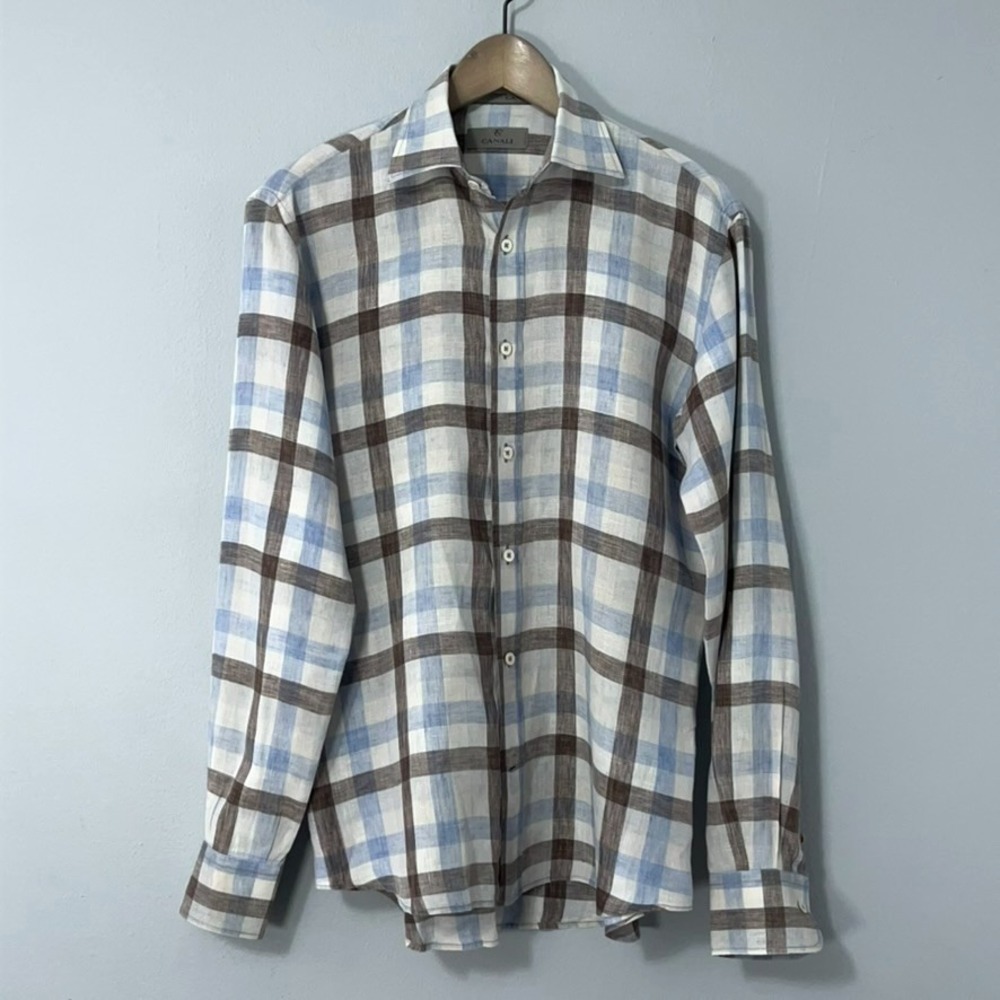 Canali Linen Shirt Men Small White Blue Brown Plaid Long Sleeve Italy